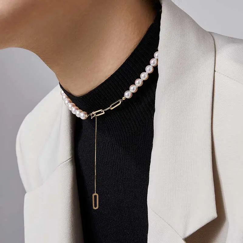 WONDERLAND COLLECTION Akoya Pearl 18K Gold Unique Chain Design Extraordinary Necklace - HELAS Jewelry