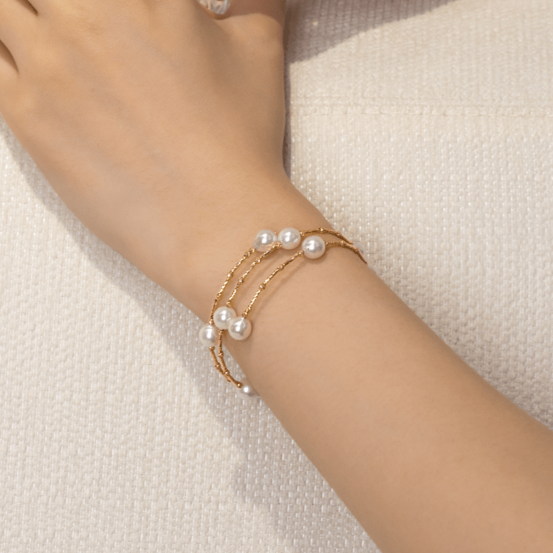 Akoya Baroque Pearls 18K Gold Baby's Breath Elastic Wristband Braceletc - HELAS Jewelry