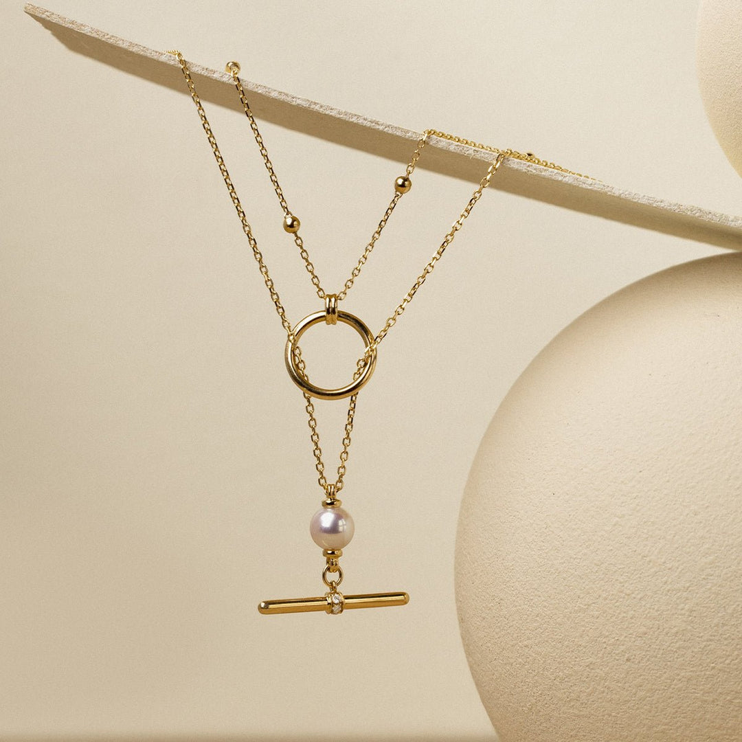 Akoya Pearl 18K Gold Diamond Duet Poise Clasp Necklace - HELAS Jewelry