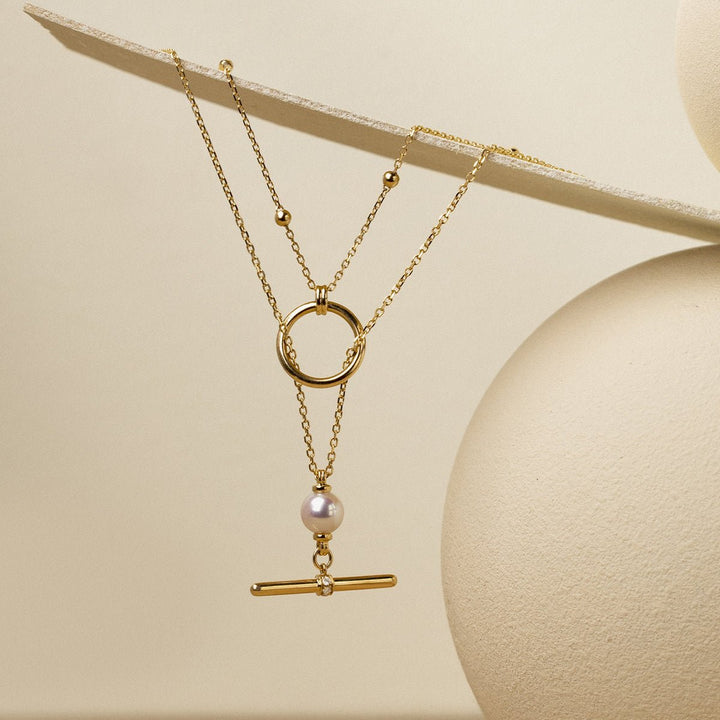 Akoya Pearl 18K Gold Diamond Duet Poise Clasp Necklace - HELAS Jewelry
