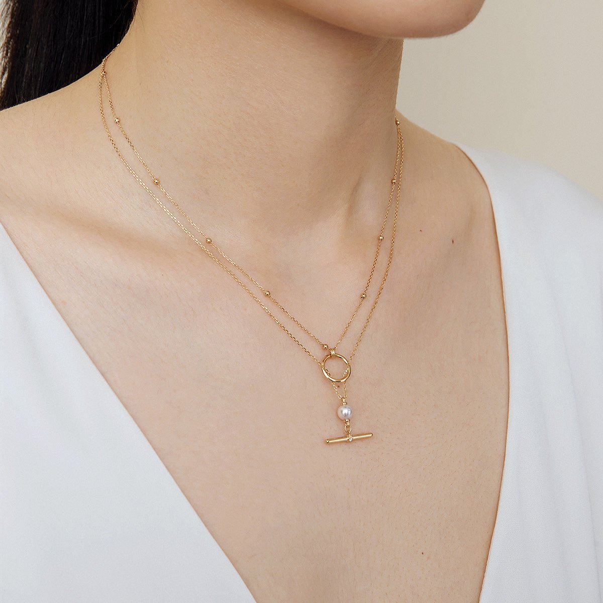 Akoya Pearl 18K Gold Diamond Duet Poise Clasp Necklace - HELAS Jewelry