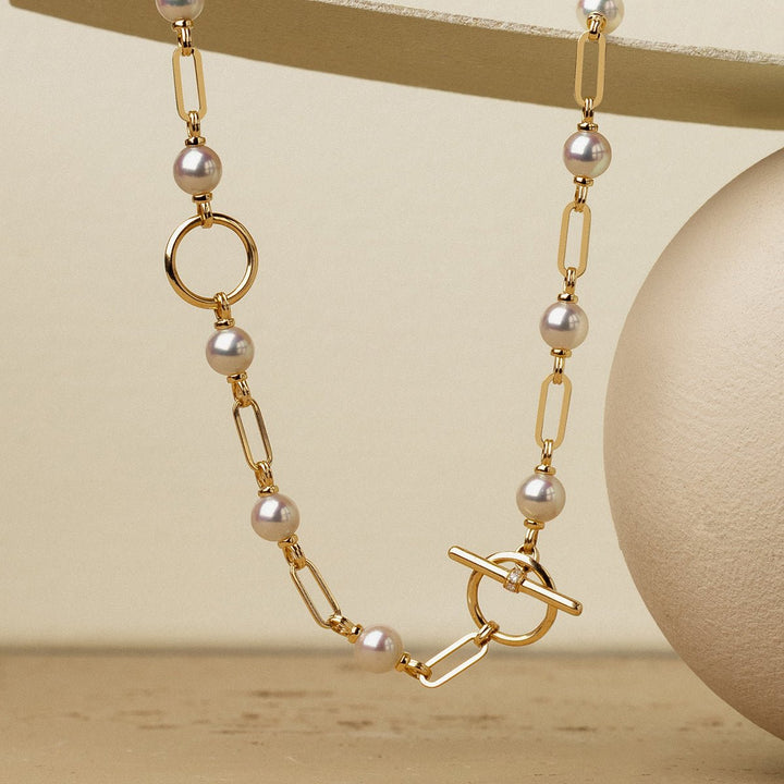 Akoya Pearl 18K Gold Diamond Harmonia Knot Chain Necklace - HELAS Jewelry
