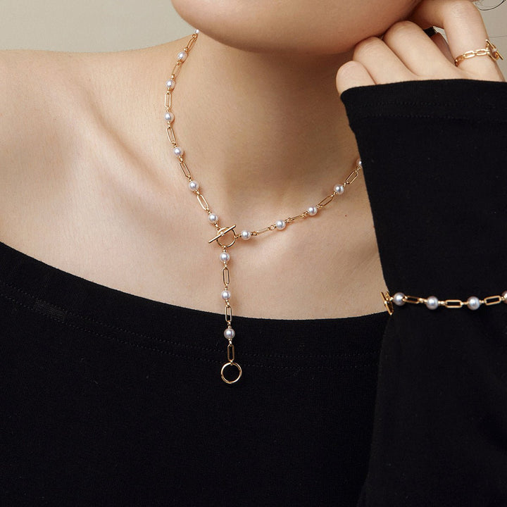 Akoya Pearl 18K Gold Diamond Harmonia Knot Chain Necklace - HELAS Jewelry