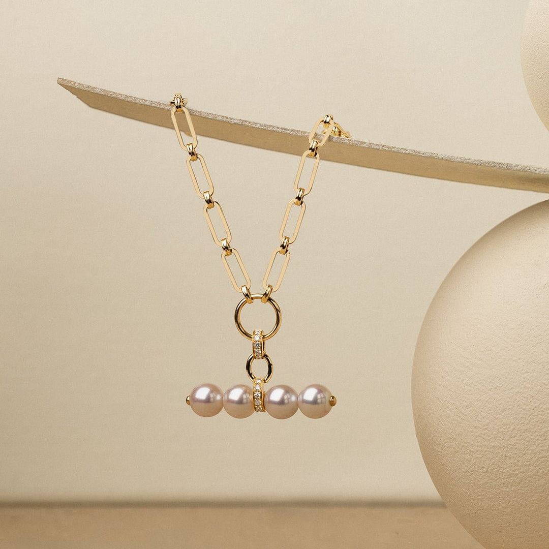 Akoya Pearl 18K Gold Diamond Lever Pendant Interlock Necklace - HELAS Jewelry