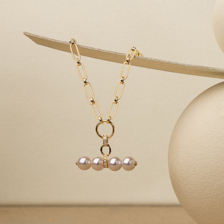 Akoya Pearl 18K Gold Diamond Lever Pendant Interlock Necklace - HELAS Jewelry