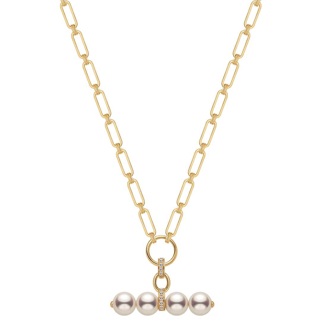 Akoya Pearl 18K Gold Diamond Lever Pendant Interlock Necklace - HELAS Jewelry