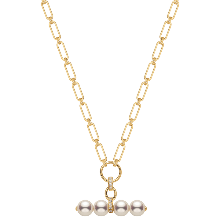 Akoya Pearl 18K Gold Diamond Lever Pendant Interlock Necklace - HELAS Jewelry