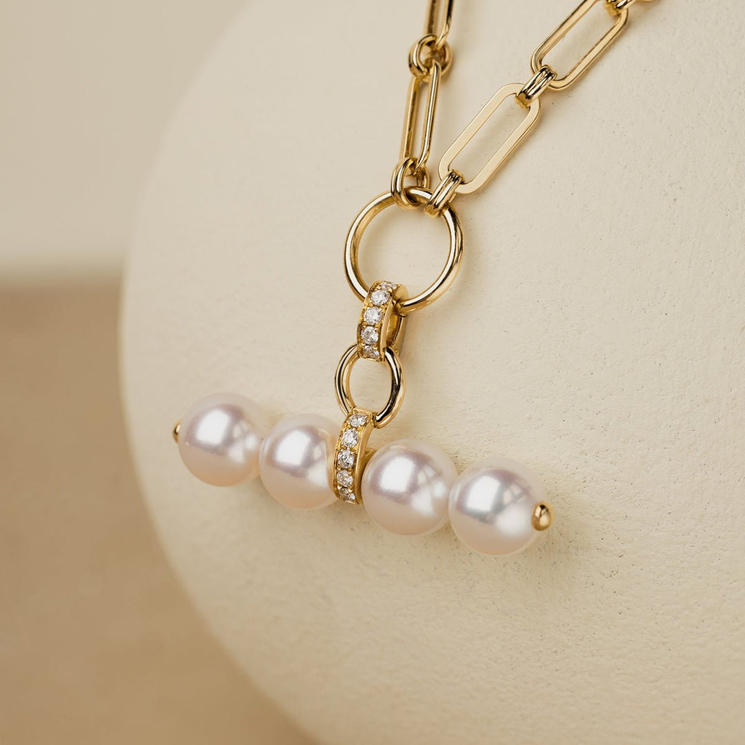 Akoya Pearl 18K Gold Diamond Lever Pendant Interlock Necklace - HELAS Jewelry