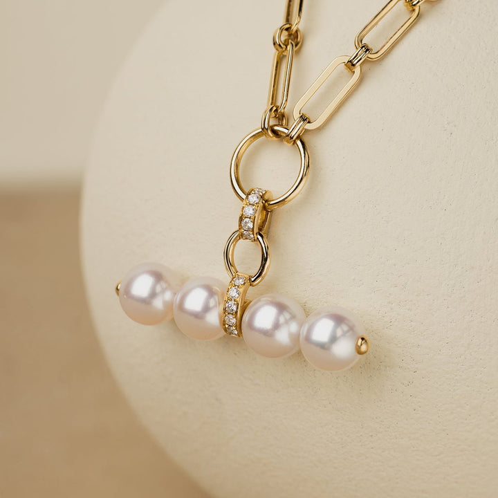 Akoya Pearl 18K Gold Diamond Lever Pendant Interlock Necklace - HELAS Jewelry