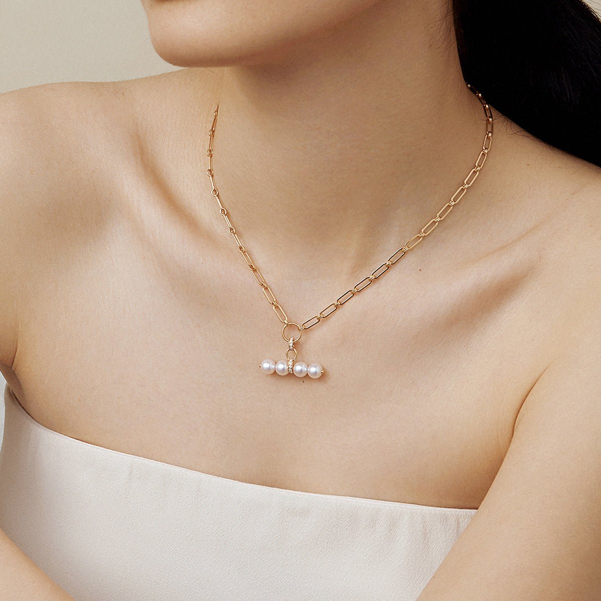 Akoya Pearl 18K Gold Diamond Lever Pendant Interlock Necklace - HELAS Jewelry