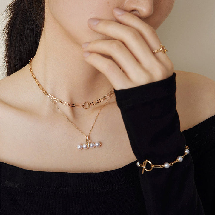 Akoya Pearl 18K Gold Diamond Lever Pendant Interlock Necklace - HELAS Jewelry