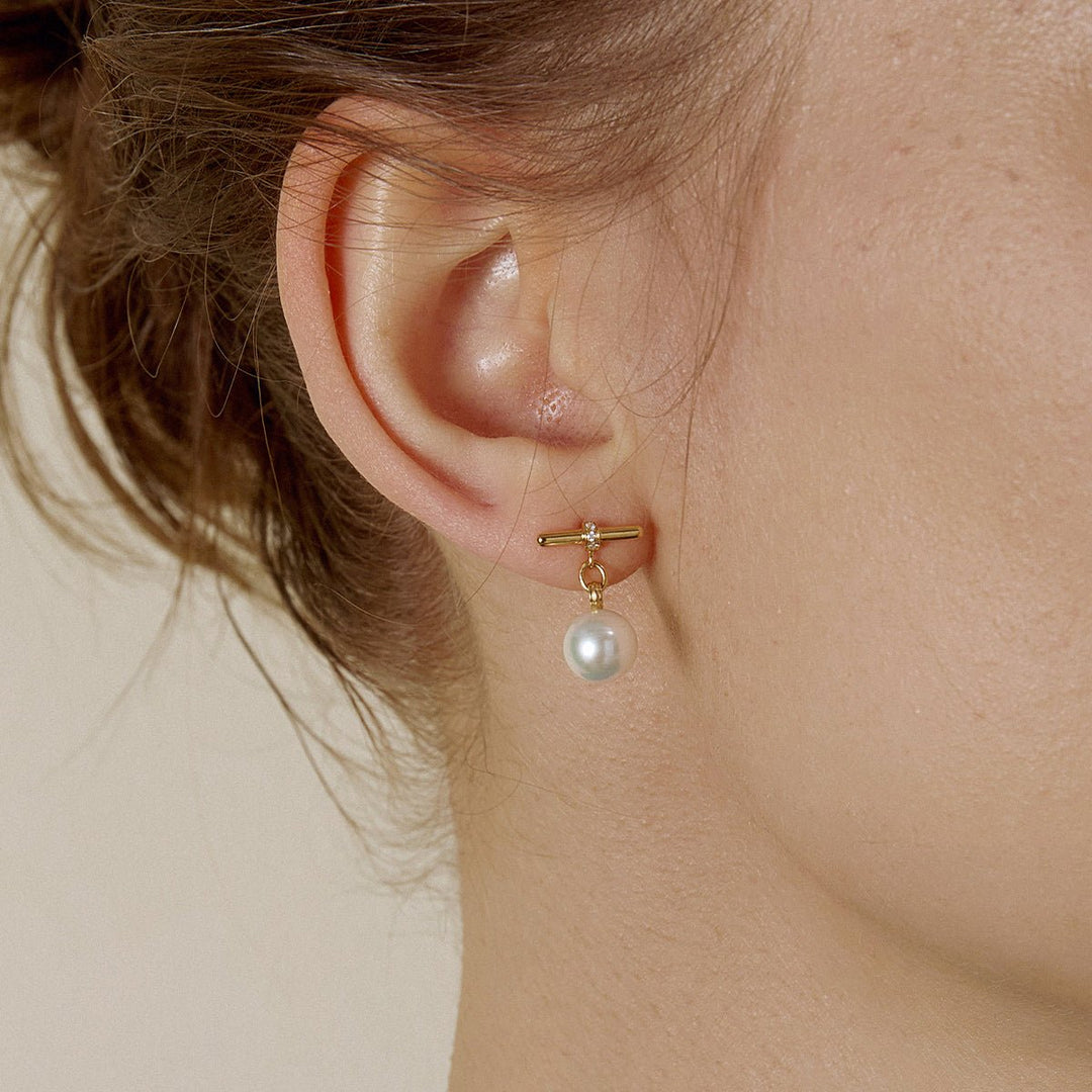 Akoya Pearl 18K Gold Diamond Parallel Grace Studs Earrings - HELAS Jewelry