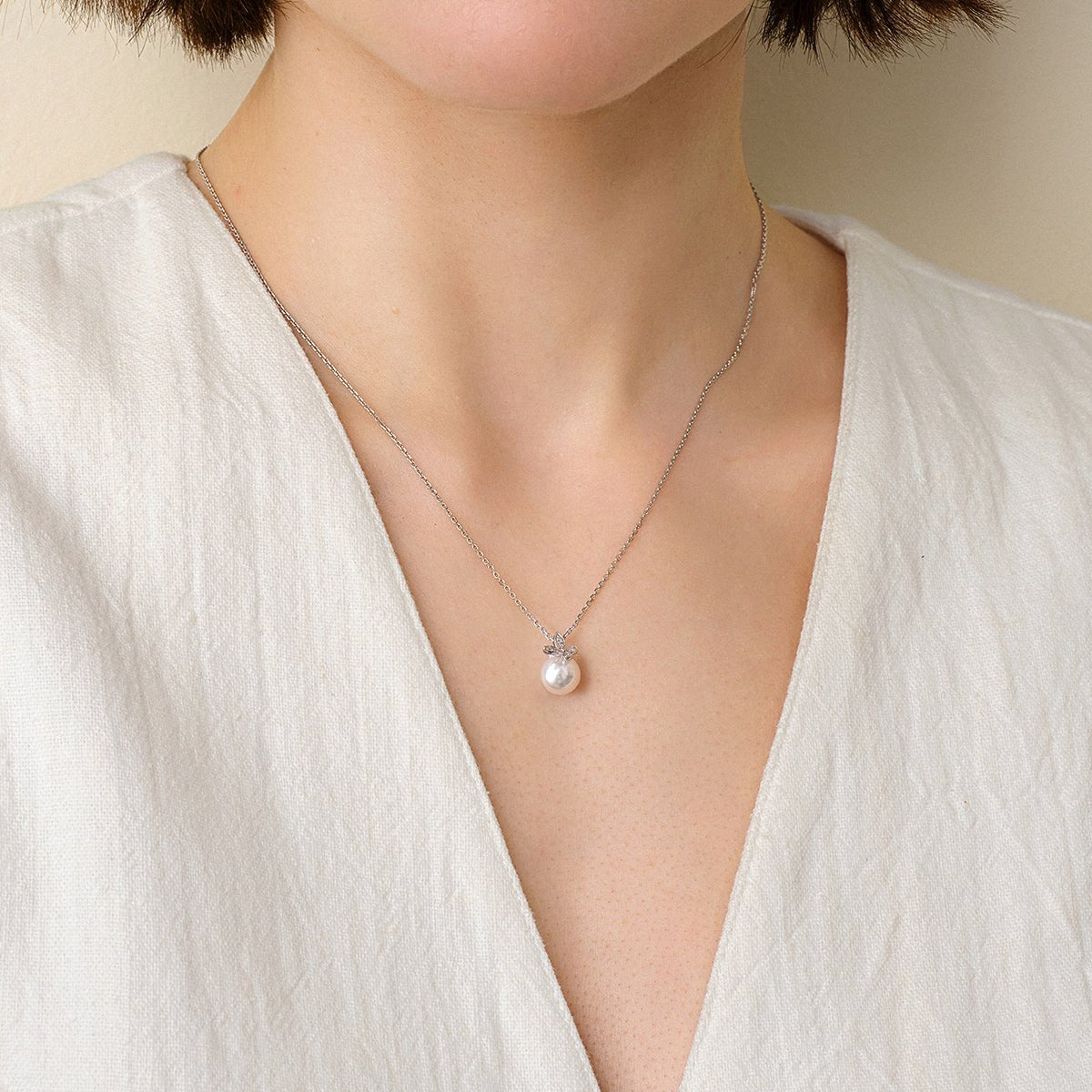 Akoya Pearl 18K Gold Diamond Petite Butterfly Pendant Necklace - HELAS Jewelry