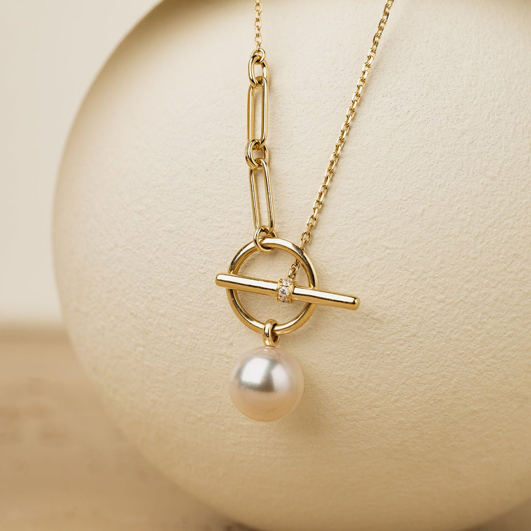Akoya Pearl 18K Gold Diamond Tension Poise Clasp Necklace - HELAS Jewelry