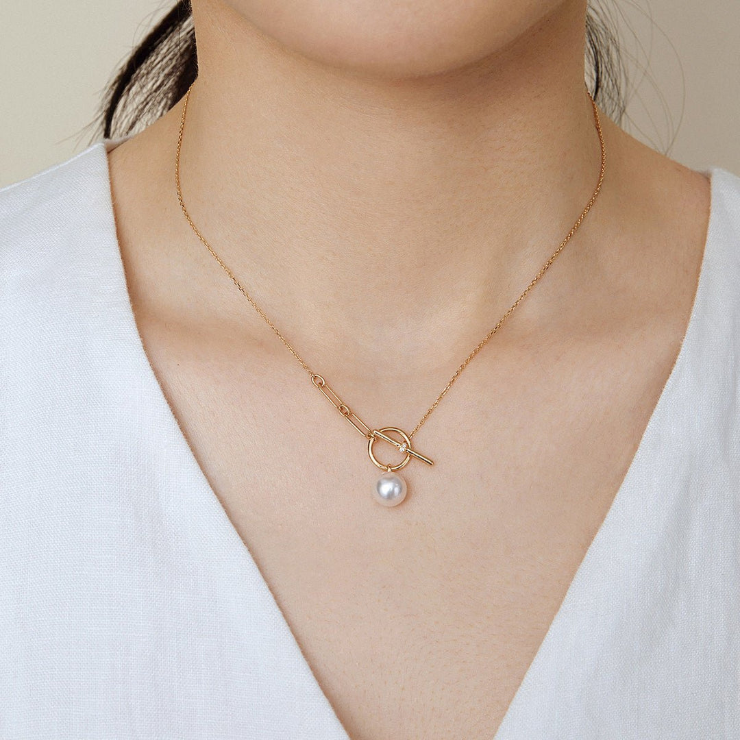 Akoya Pearl 18K Gold Diamond Tension Poise Clasp Necklace - HELAS Jewelry