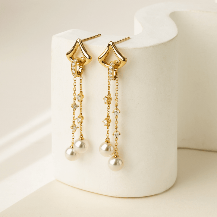 Akoya Pearl 18K Gold Diamonds Falling Stars Earrings - HELAS Jewelry