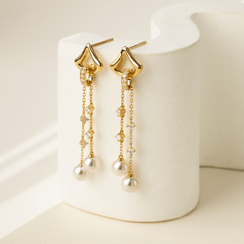 Akoya Pearl 18K Gold Diamonds Falling Stars Earrings - HELAS Jewelry