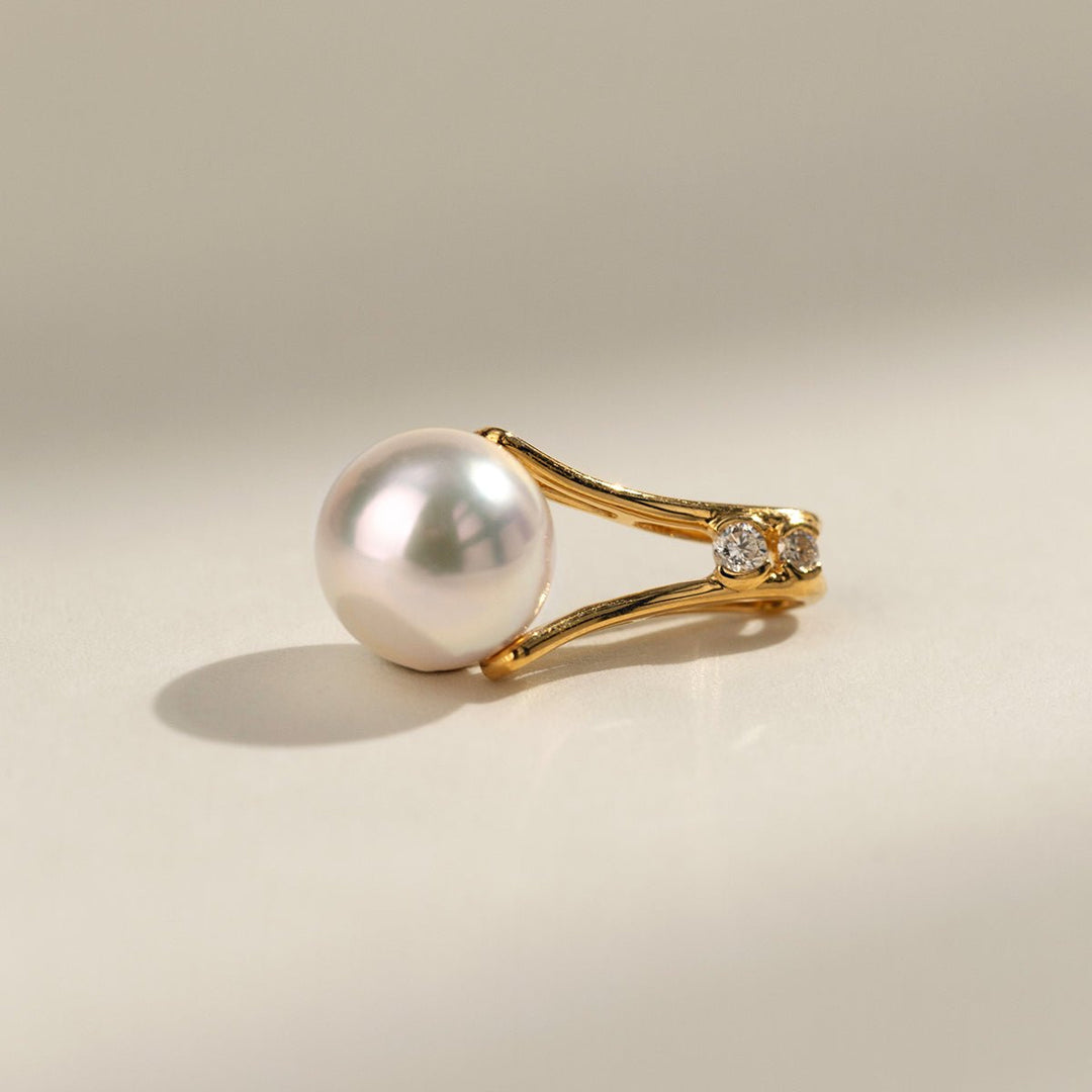 Akoya Pearl 18K Gold Diamonds Pull Tab Pendant Necklace - HELAS Jewelry