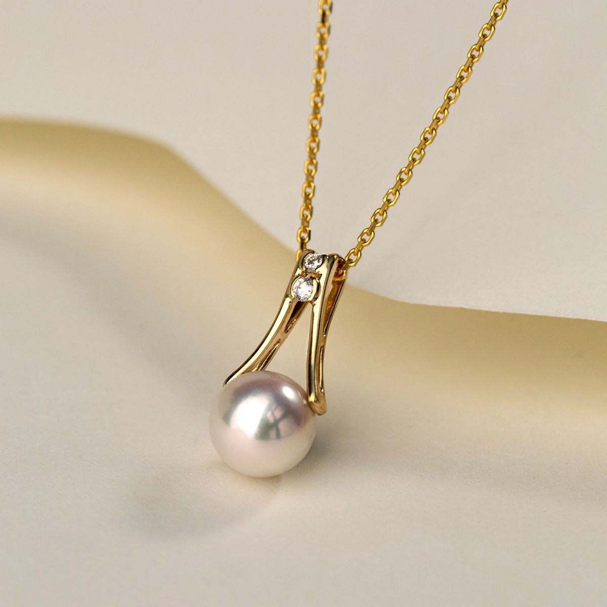 Akoya Pearl 18K Gold Diamonds Pull Tab Pendant Necklace - HELAS Jewelry