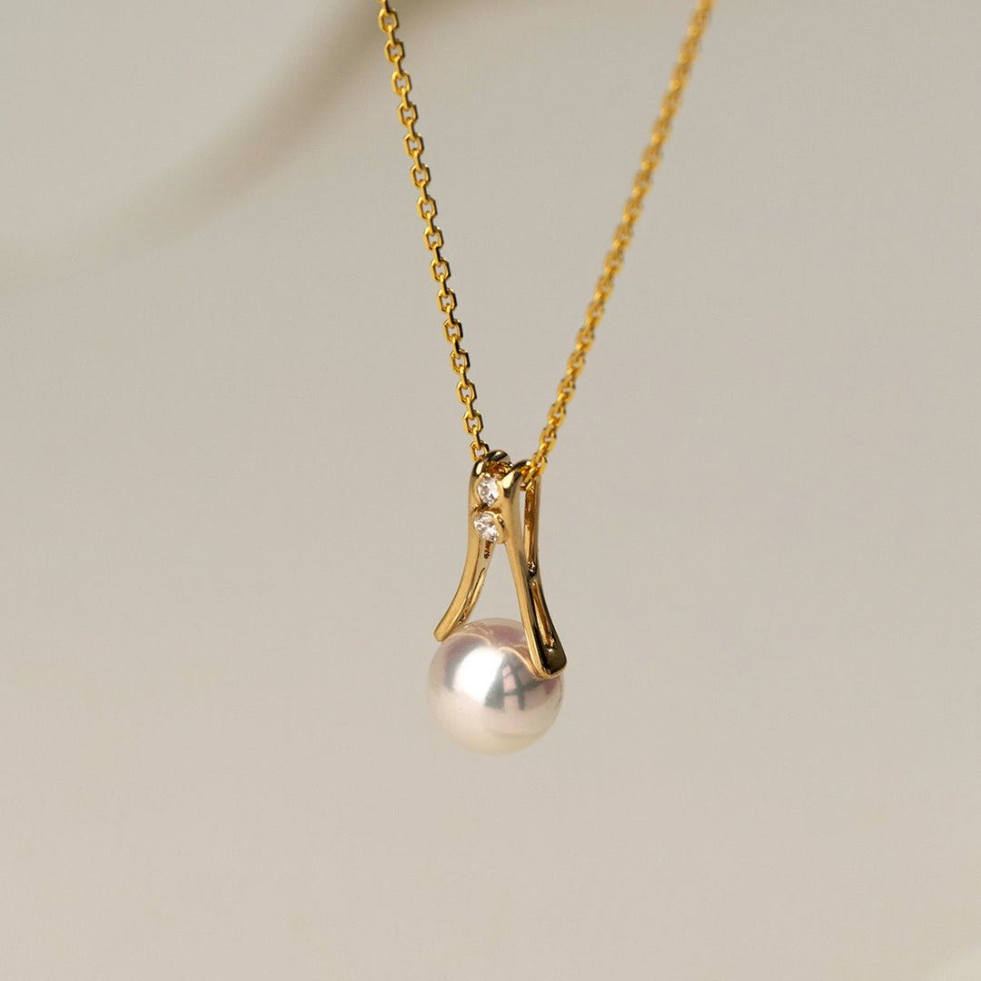 Akoya Pearl 18K Gold Diamonds Pull Tab Pendant Necklace - HELAS Jewelry