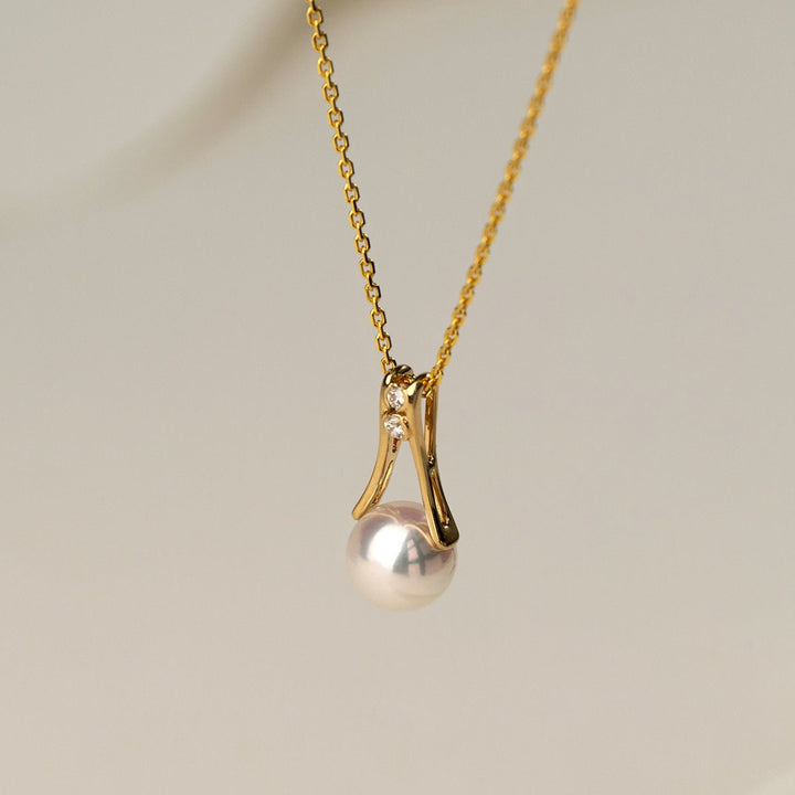 Akoya Pearl 18K Gold Diamonds Pull Tab Pendant Necklace - HELAS Jewelry