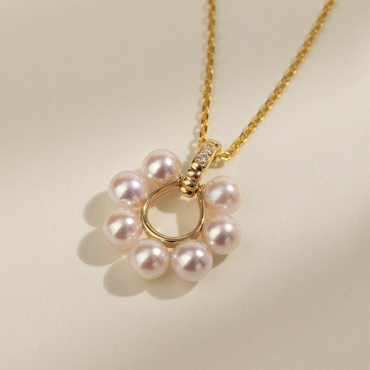 Akoya Pearl 18K Gold Diamonds Sunlight Pendant Necklace - HELAS Jewelry