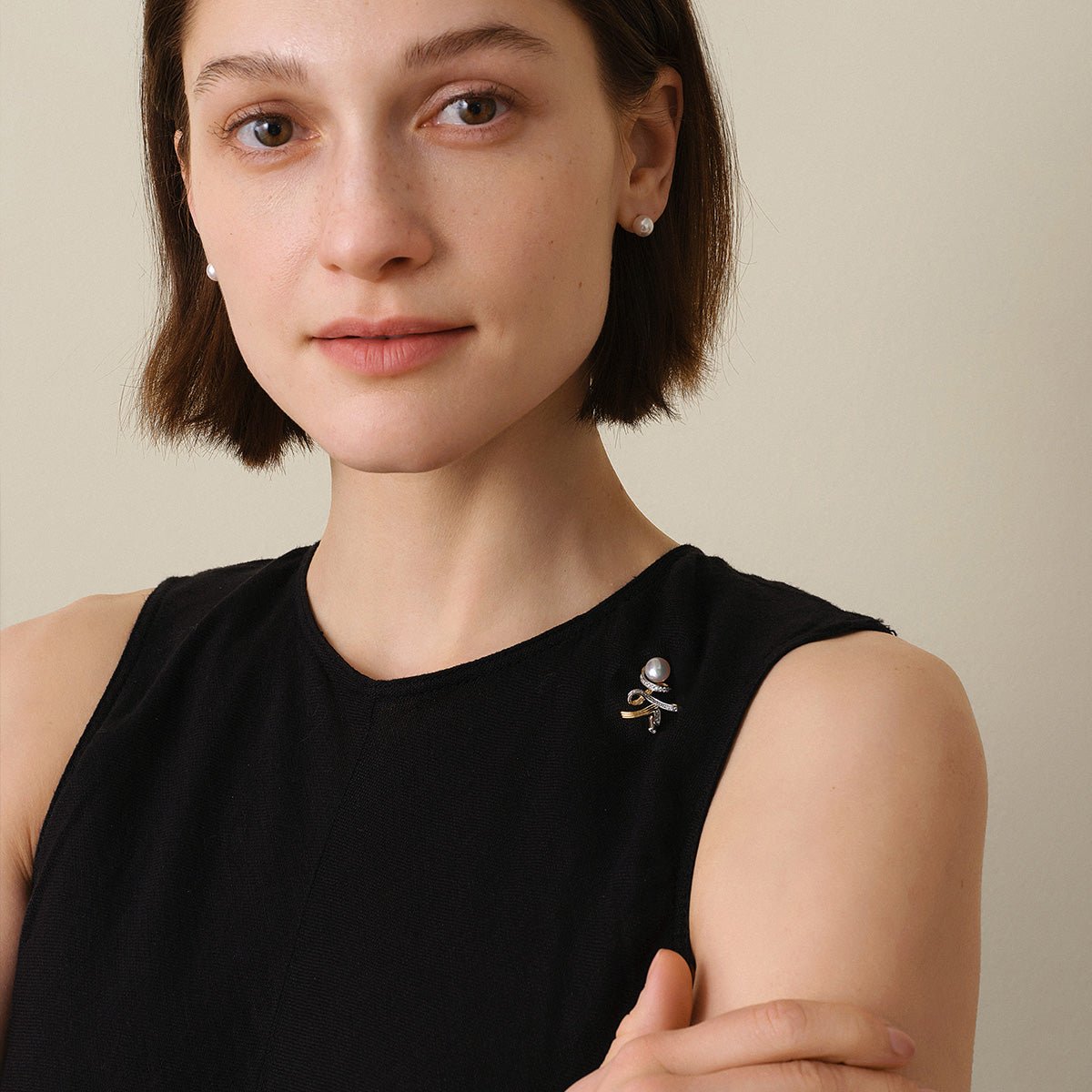 Akoya Pearl 18K Gold Diamonds Two - tone Ribbon Wish Tree Brooch - HELAS Jewelry