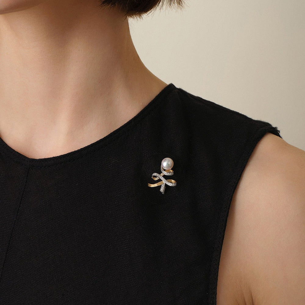 Akoya Pearl 18K Gold Diamonds Two - tone Ribbon Wish Tree Brooch - HELAS Jewelry