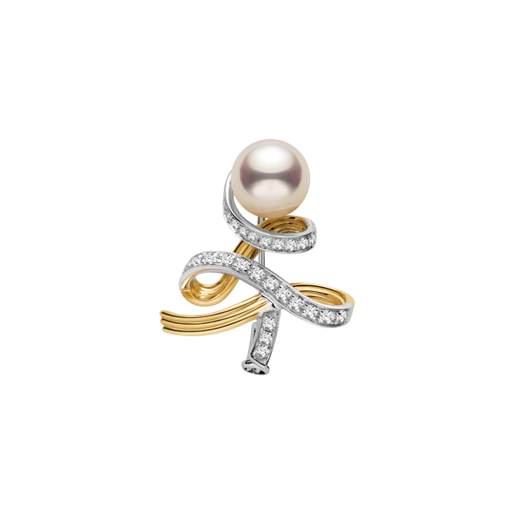 Akoya Pearl 18K Gold Diamonds Two - tone Ribbon Wish Tree Brooch - HELAS Jewelry