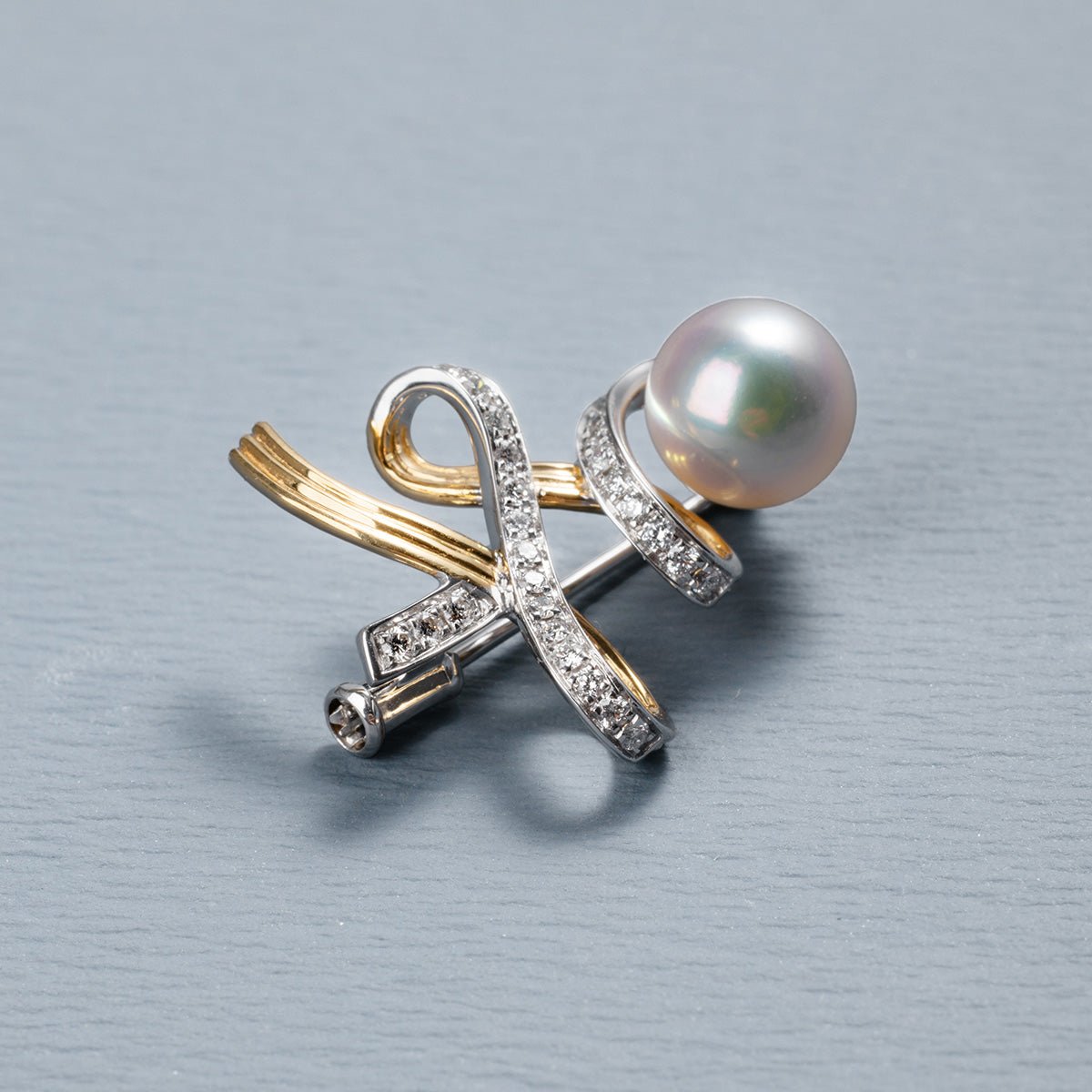 Akoya Pearl 18K Gold Diamonds Two - tone Ribbon Wish Tree Brooch - HELAS Jewelry