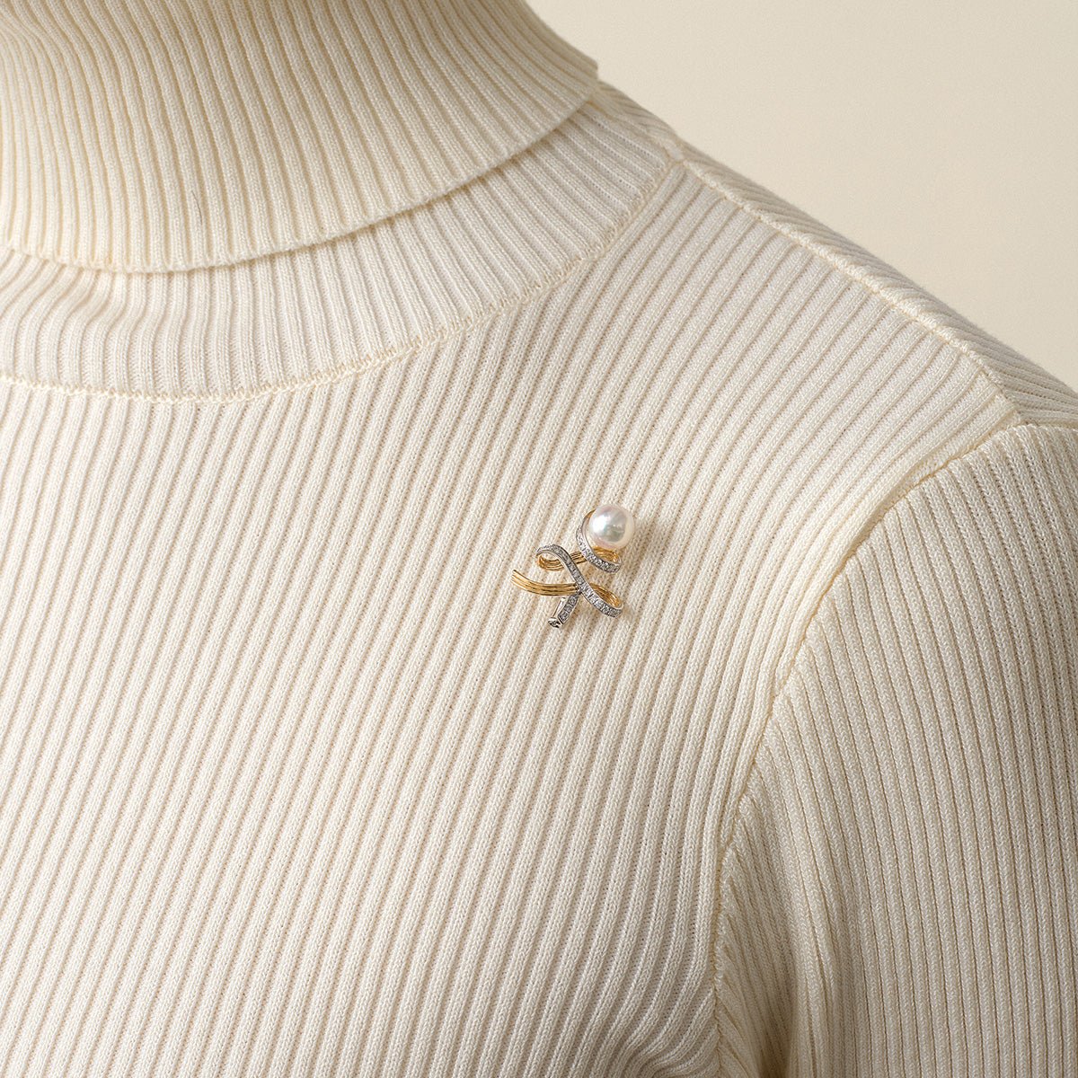 Akoya Pearl 18K Gold Diamonds Two - tone Ribbon Wish Tree Brooch - HELAS Jewelry