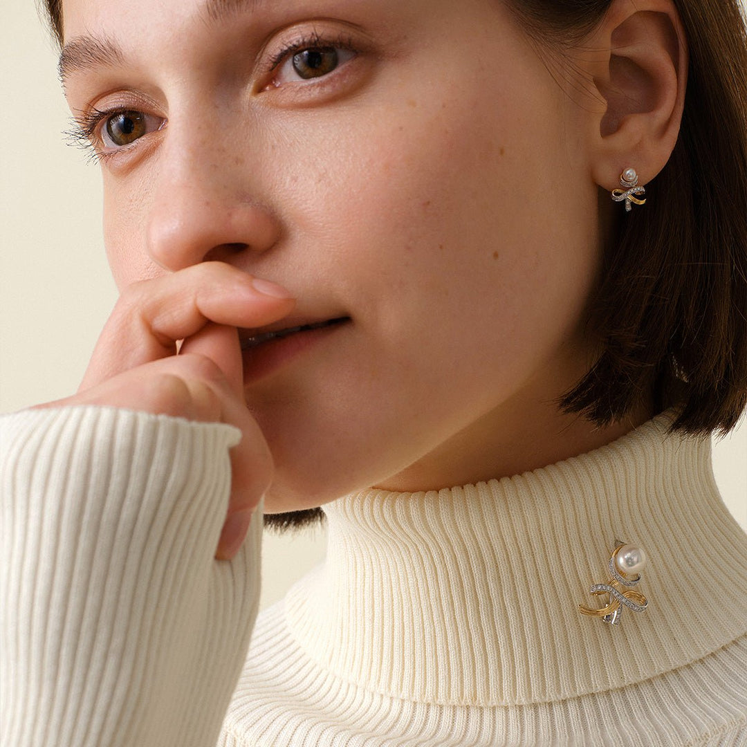 Akoya Pearl 18K Gold Diamonds Two - tone Ribbon Wish Tree Brooch - HELAS Jewelry