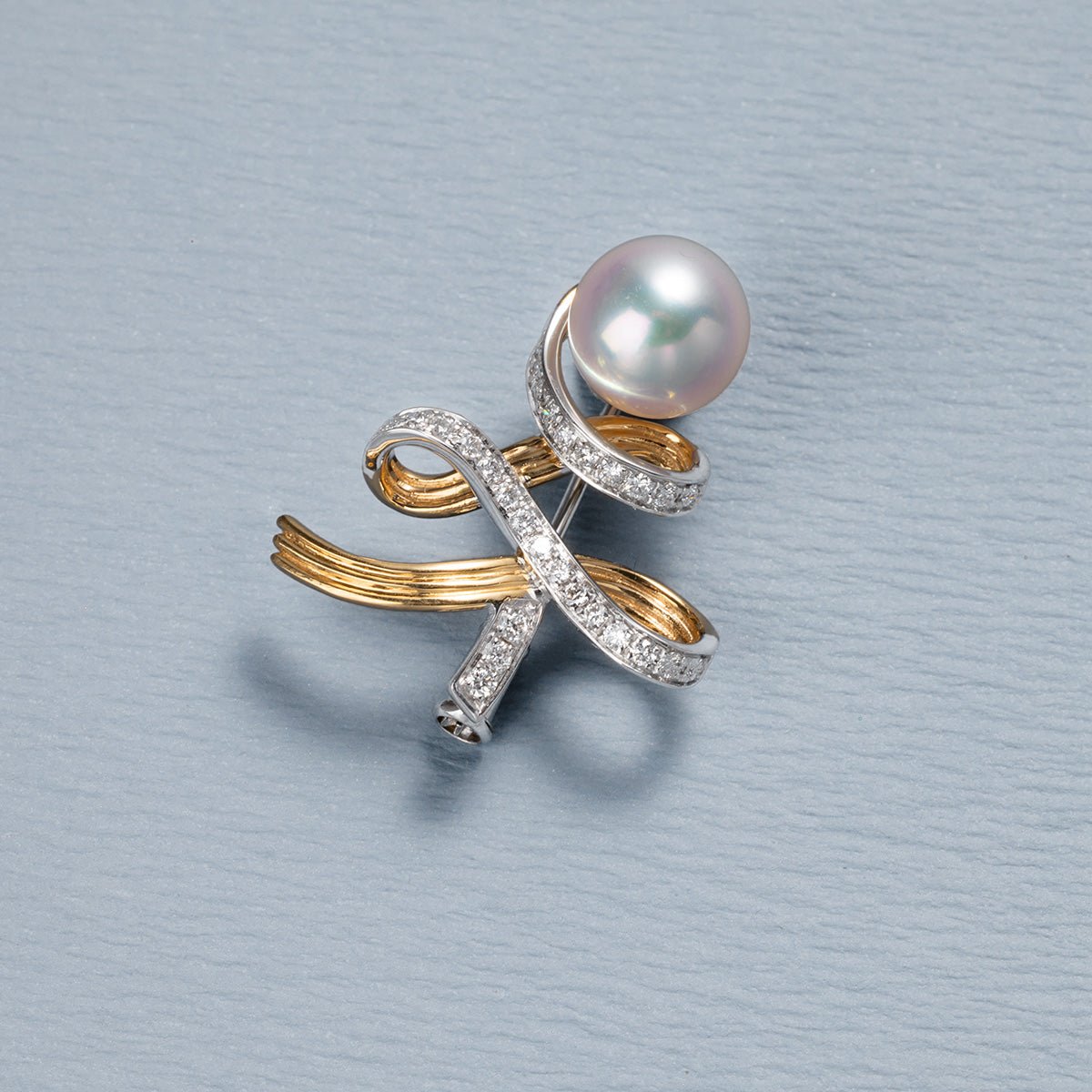 Akoya Pearl 18K Gold Diamonds Two - tone Ribbon Wish Tree Brooch - HELAS Jewelry