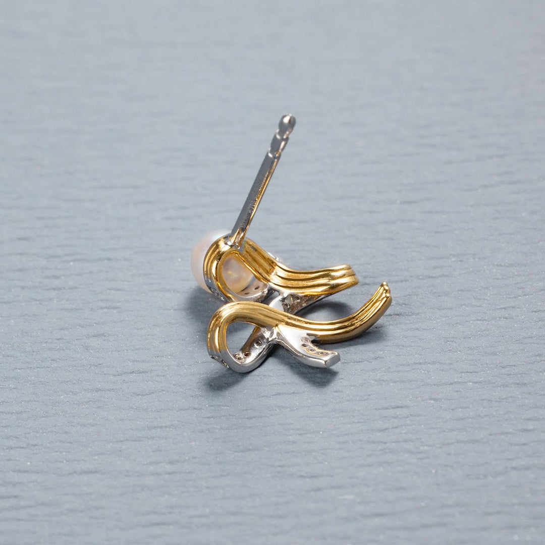 Akoya Pearl 18K Gold Diamonds Two - tone Ribbon Wish Tree Earrings - HELAS Jewelry