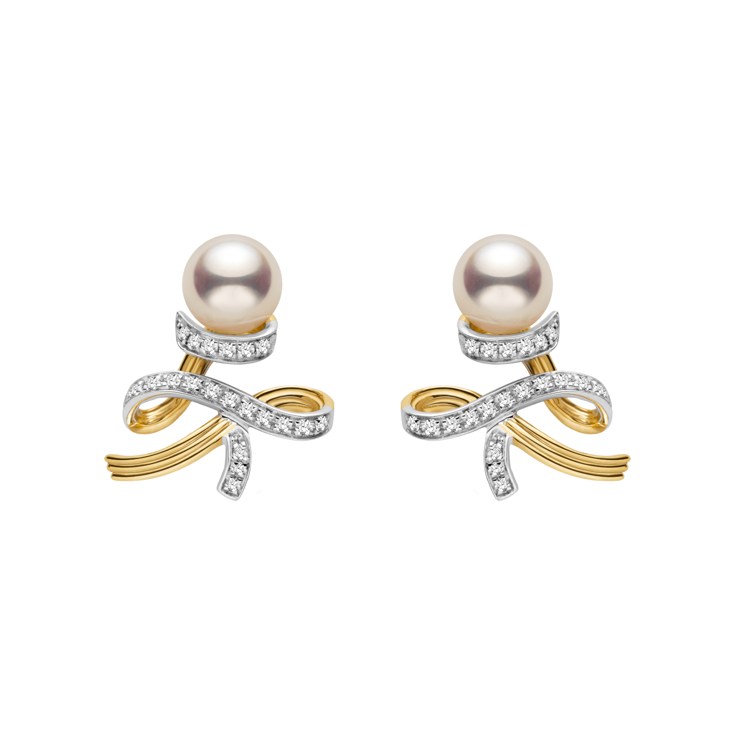 Akoya Pearl 18K Gold Diamonds Two - tone Ribbon Wish Tree Earrings - HELAS Jewelry
