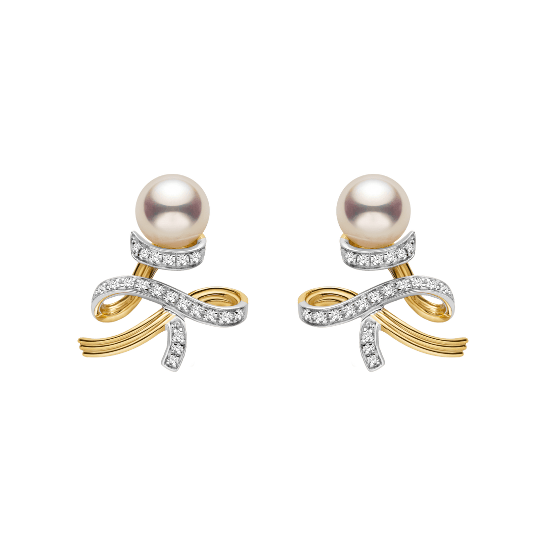 Akoya Pearl 18K Gold Diamonds Two - tone Ribbon Wish Tree Earrings - HELAS Jewelry
