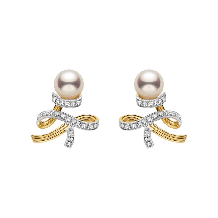Akoya Pearl 18K Gold Diamonds Two - tone Ribbon Wish Tree Earrings - HELAS Jewelry