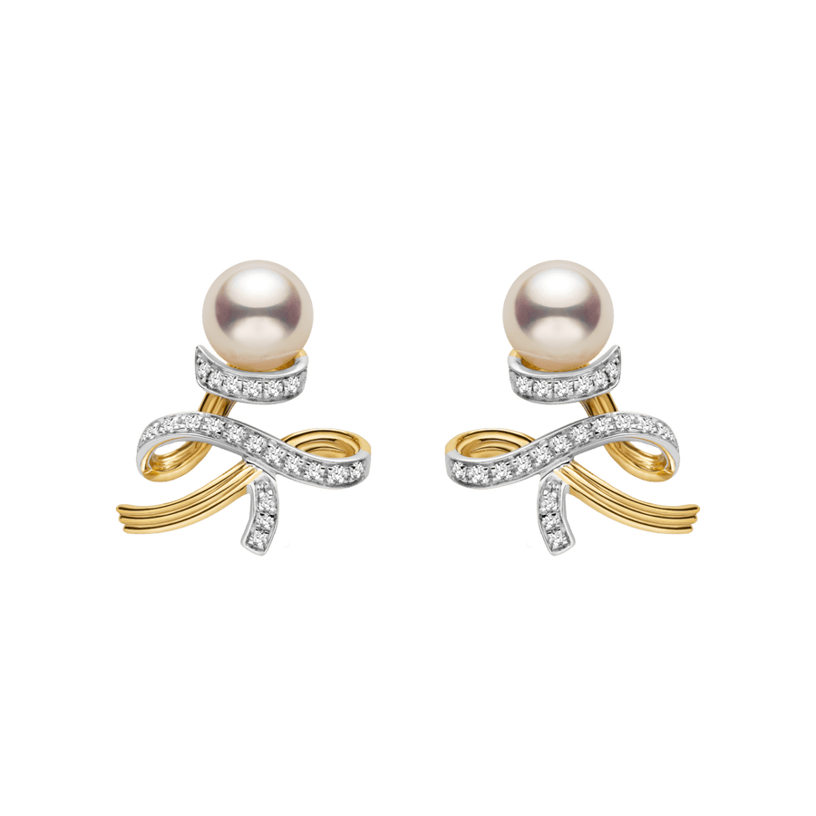 Akoya Pearl 18K Gold Diamonds Two - tone Ribbon Wish Tree Earrings - HELAS Jewelry
