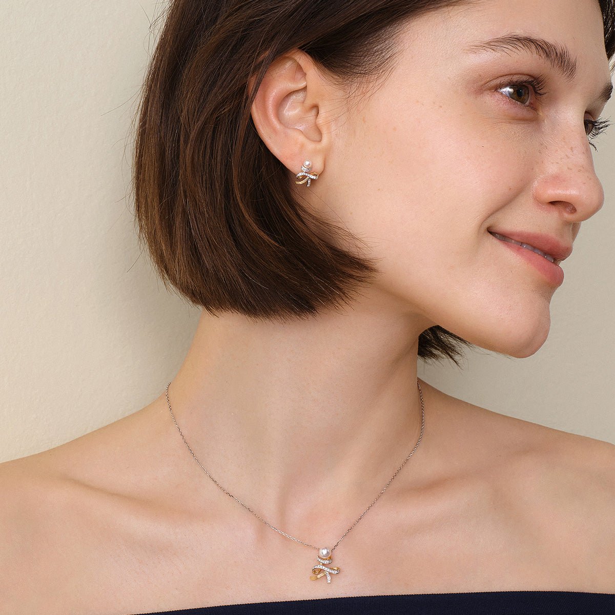 Akoya Pearl 18K Gold Diamonds Two - tone Ribbon Wish Tree Earrings - HELAS Jewelry