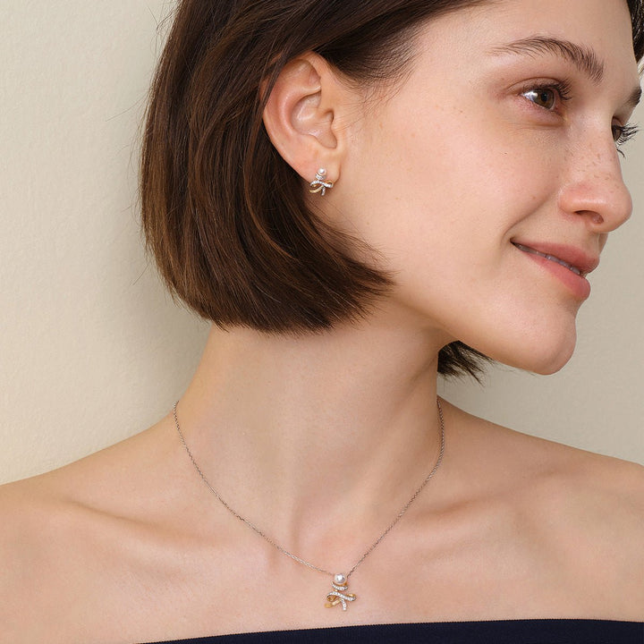 Akoya Pearl 18K Gold Diamonds Two - tone Ribbon Wish Tree Earrings - HELAS Jewelry