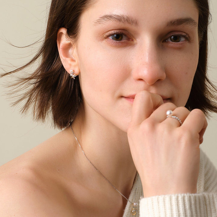 Akoya Pearl 18K Gold Diamonds Two - tone Ribbon Wish Tree Earrings - HELAS Jewelry