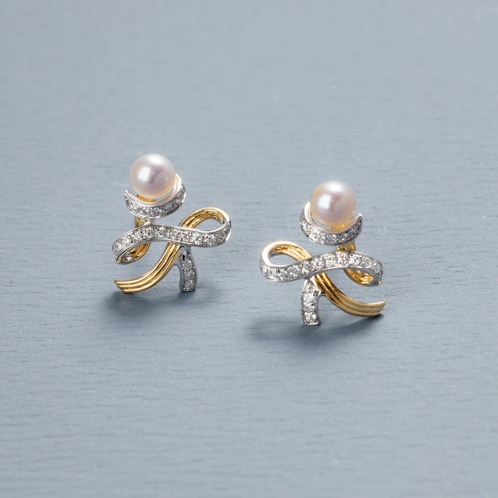 Akoya Pearl 18K Gold Diamonds Two - tone Ribbon Wish Tree Earrings - HELAS Jewelry