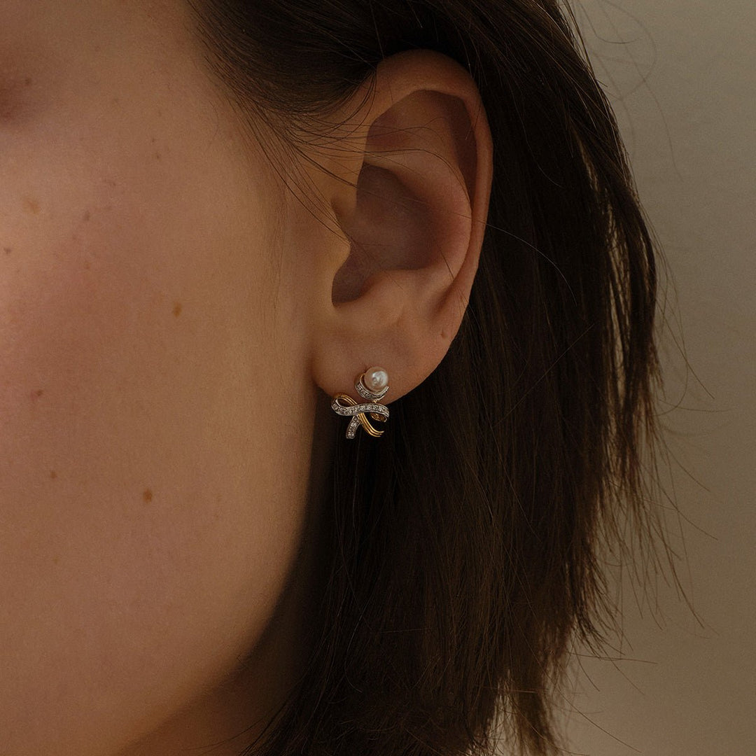 Akoya Pearl 18K Gold Diamonds Two - tone Ribbon Wish Tree Earrings - HELAS Jewelry