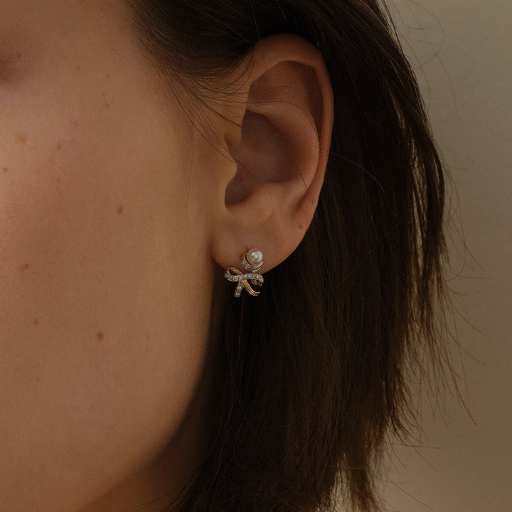 Akoya Pearl 18K Gold Diamonds Two - tone Ribbon Wish Tree Earrings - HELAS Jewelry