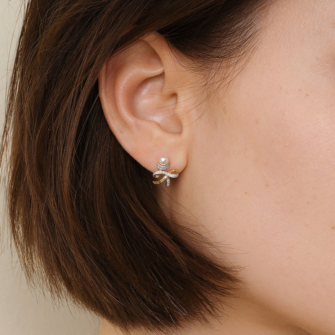 Akoya Pearl 18K Gold Diamonds Two - tone Ribbon Wish Tree Earrings - HELAS Jewelry