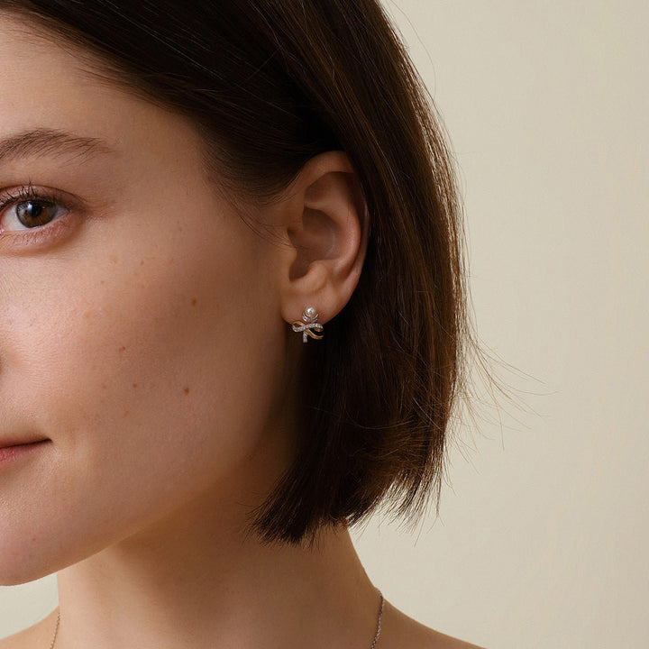 Akoya Pearl 18K Gold Diamonds Two - tone Ribbon Wish Tree Earrings - HELAS Jewelry