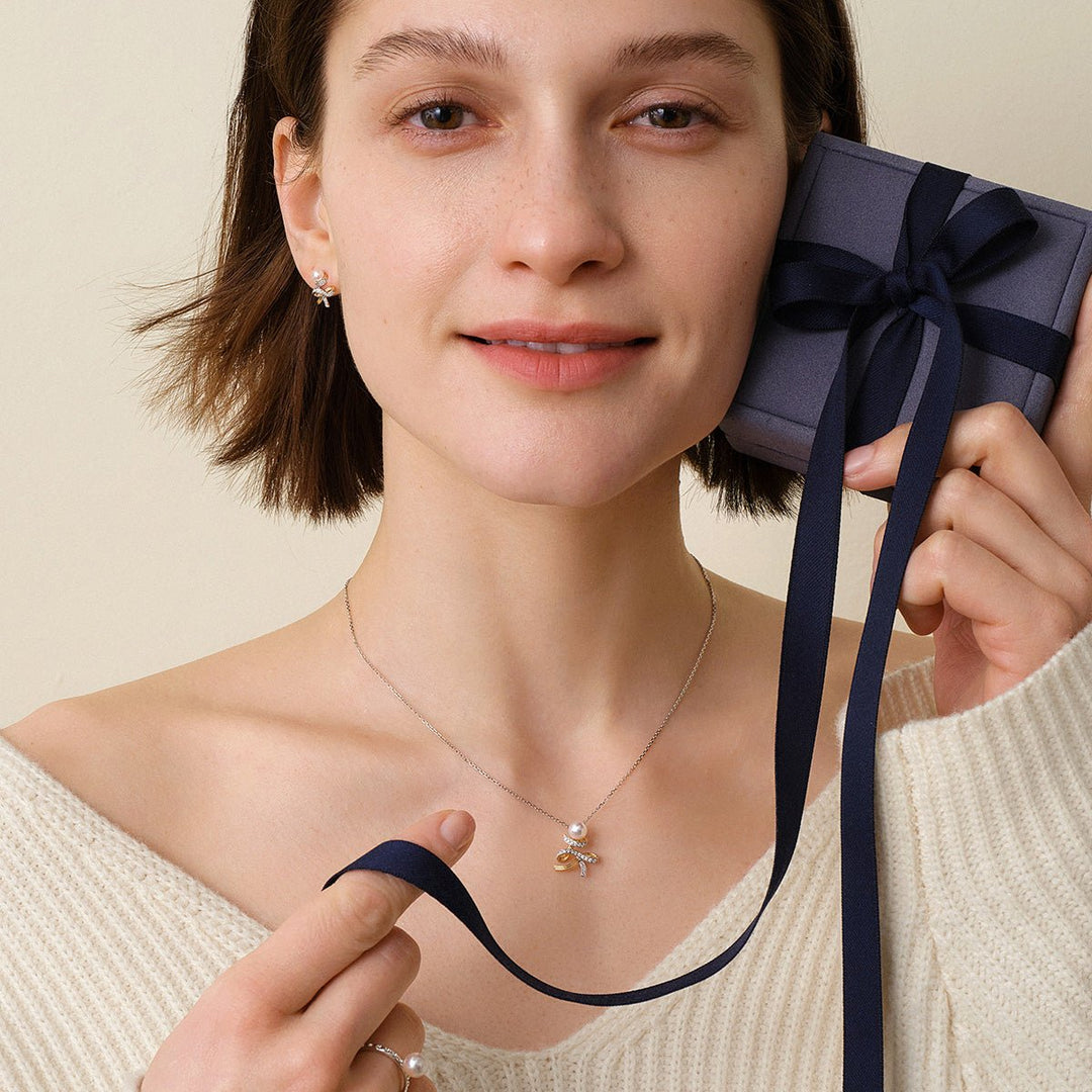 Akoya Pearl 18K Gold Diamonds Two - tone Ribbon Wish Tree Necklace - HELAS Jewelry