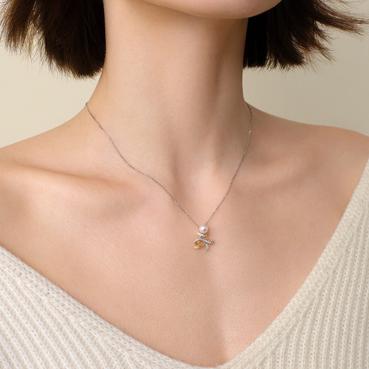 Akoya Pearl 18K Gold Diamonds Two - tone Ribbon Wish Tree Necklace - HELAS Jewelry