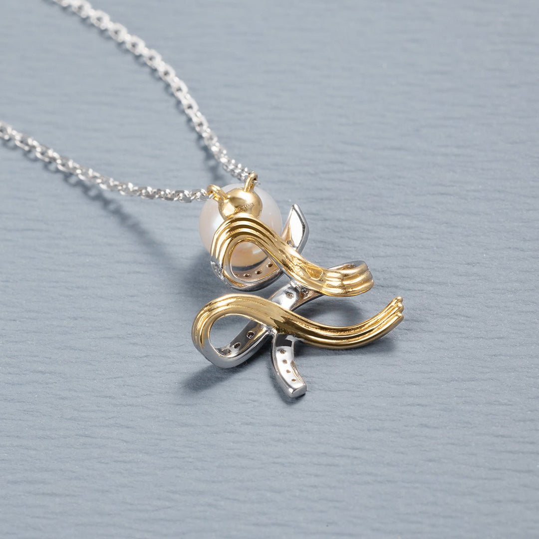 Akoya Pearl 18K Gold Diamonds Two - tone Ribbon Wish Tree Necklace - HELAS Jewelry