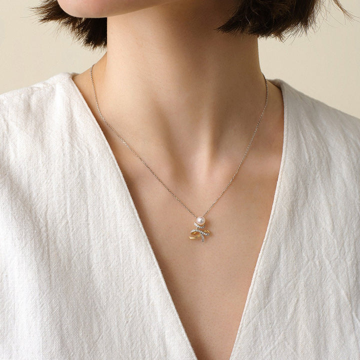 Akoya Pearl 18K Gold Diamonds Two - tone Ribbon Wish Tree Necklace - HELAS Jewelry